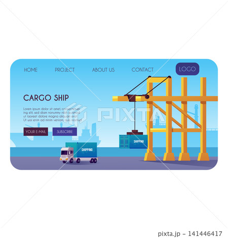 Cargo ship landing page vector design, lifting crane loading container, shipping truck, delivery transport in seaport 141446417