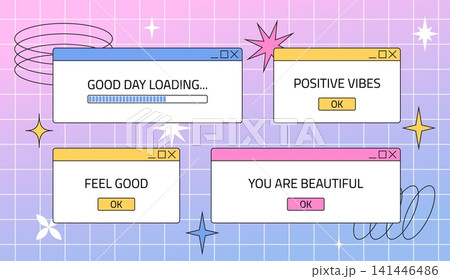 Retro window computer interface optimist vector design, Good day loading, Positive vibes, Feel good gradient background Retro window computer interface optimist vector design, Good day loading, Positive vibes, Feel good gradient background 141446486