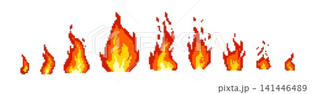 Burning bonfires pixel art vector icons set, cartoon retro 8 bit video game red fire flame effect, blazing animation Burning bonfires pixel art vector icons set, cartoon retro 8 bit video game red fire flame effect, blazing animation 141446489