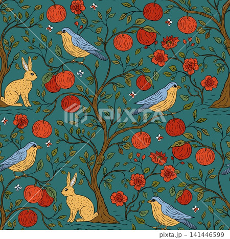 Whimsical Bohemian Boho Garden Seamless Pattern With Rabbit Bird Apple Fruit Tree Blooming Flower Whimsical Bohemian Boho Garden Seamless Pattern With Rabbit Bird Apple Fruit Tree Blooming Flower 141446599