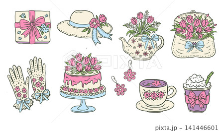 Spring Floral Hand Drawn Doodle Sketch Set Collection With Tulips, Cake, Gift Box And Coquette Feminine Gloves Spring Floral Hand Drawn Doodle Sketch Set Collection With Tulips, Cake, Gift Box And Coquette Feminine Gloves 141446601