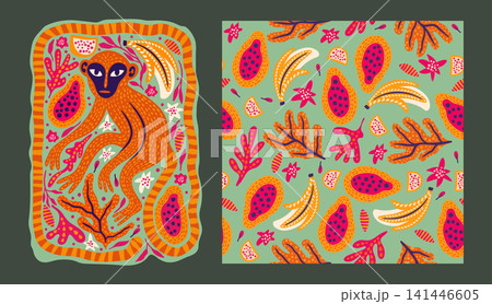 Whimsical Monkey Exotic Vintage Seamless Pattern Background Tropical Jungle Poster Set Boho Vector Collection Whimsical Monkey Exotic Vintage Seamless Pattern Background Tropical Jungle Poster Set Boho Vector Collection 141446605