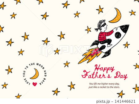 Father's Day Whimsical Doodle Super Dad Rocket Stars Moon Folded Card Father Vector 141446621