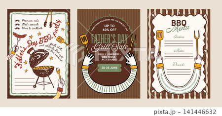 Father's Day Whimsical Doodle BBQ Grill Sale Menu Set Father Vector 141446632