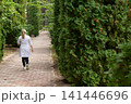 Person walking down brick path lined with manicured green hedges and trees in a calm, peaceful, and serene landscaped setting. 141446696