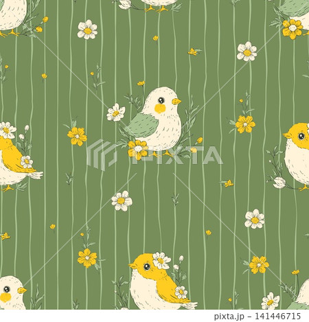 Easter Birds Seamless Pattern Eggs Flowers Stripes Whimsical Handdrawn Bird Spring Background Easter Birds Seamless Pattern Eggs Flowers Stripes Whimsical Handdrawn Bird Spring Background 141446715