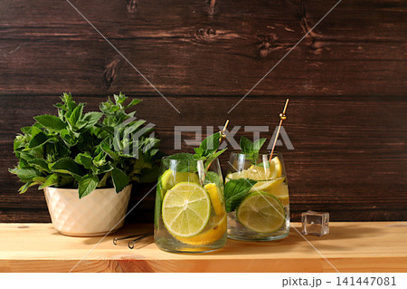 Refreshing summer drink, homemade lemonade, juice or cocktail with ice, mint, lime, lemon and citrus, a detox diet and weight loss concept, a restaurant or cafe menu, nonalcoholic mojito for energy Refreshing summer drink, homemade lemonade, juice or cocktail with ice, mint, lime, lemon and citrus, a detox diet and weight loss concept, a restaurant or cafe menu, nonalcoholic mojito for energy 141447081