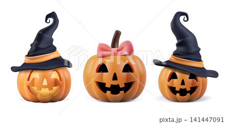 Halloween pumpkin funny character set. 3d vector invitation decor, girl smiling face and black witch hats. Scary happy smile, jack head costume png. Cute black wizard cap or pink bow realistic sticker Halloween pumpkin funny character set. 3d vector invitation decor, girl smiling face and black witch hats. Scary happy smile, jack head costume png. Cute black wizard cap or pink bow realistic sticker 141447091