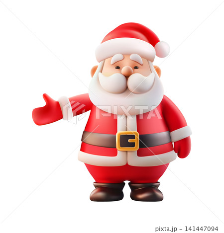 3D Santa Claus Christmas character, welcome gesture and jolly facial expression. Realistic vector render, white beard and red winter costume. Isolated sticker for holiday sale and celebration scene 141447094