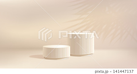 Beige bg product podium, soft plant shadow overlay. Marble 3d platform in creamy studio, palm tree gobo. White fluted elegant pillar, cylinder platform. Skincare natural cosmetic pedestal two level Beige bg product podium, soft plant shadow overlay. Marble 3d platform in creamy studio, palm tree gobo. White fluted elegant pillar, cylinder platform. Skincare natural cosmetic pedestal two level 141447137