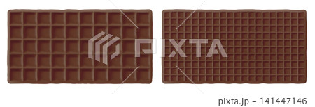Chocolate waffle biscuit, pancake brunch icon, croffle square texture. Cracker crepe rectangle and stroopwafel pattern, christmas wafer emoji. Cookie snack 3d vector, chocolate caramel syrup realistic 141447146