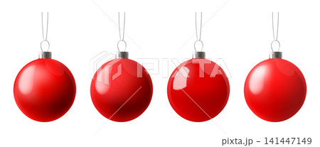 Christmas ball ornament, 3d decorations red bauble. Bulb xmas toy elements isolated on white bg. Bright decor hanging on ribbon, light realistic new year. Glass foil sphere, silver sparkle bubble set Christmas ball ornament, 3d decorations red bauble. Bulb xmas toy elements isolated on white bg. Bright decor hanging on ribbon, light realistic new year. Glass foil sphere, silver sparkle bubble set 141447149