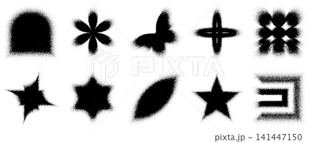 Blurred dotted butterfly with grainy gradient, Textured square, floral logo. Modern starburst and noisy snowflake, patterned sun arch. Y2K mesh, abstract grain painting with a halftone particle effect 141447150