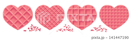 Waffle pancake heart, pink cream stick of graham pattern. Crepe wafer international day, stroopwafel brunch, emoji cookie cone. Texture chocolate syrup of candy realistic biscuit, haert dutch vector Waffle pancake heart, pink cream stick of graham pattern. Crepe wafer international day, stroopwafel brunch, emoji cookie cone. Texture chocolate syrup of candy realistic biscuit, haert dutch vector 141447190