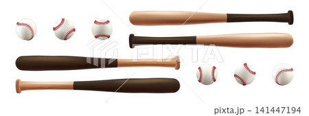Bat, ball and glove baseball clipart. 3d player equipment vector set. Vintage isolated team logo mockup. Wooden steel stick, white softball, leather mitt base element texture. Pitcher sweepstakes tool Bat, ball and glove baseball clipart. 3d player equipment vector set. Vintage isolated team logo mockup. Wooden steel stick, white softball, leather mitt base element texture. Pitcher sweepstakes tool 141447194