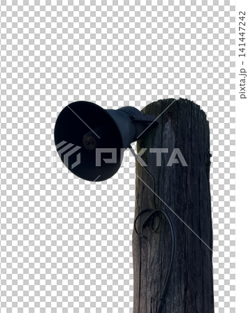 Vintage megaphone on a weathered wooden pole PNG , isolated on transparent background Vintage megaphone on a weathered wooden pole PNG , isolated on transparent background 141447242