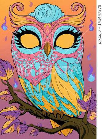 A vibrant, stylized owl perched on a branch, surrounded by floral elements and a dreamy background. A vibrant, stylized owl perched on a branch, surrounded by floral elements and a dreamy background. 141447278
