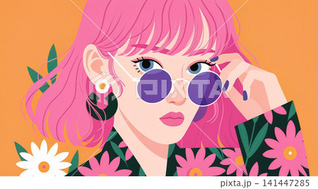 A vibrant portrait of a young woman with pink hair and floral attire. A vibrant portrait of a young woman with pink hair and floral attire. 141447285