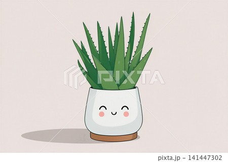 A charming illustration of an aloe vera plant in a pot with a smiling face. A charming illustration of an aloe vera plant in a pot with a smiling face. 141447302