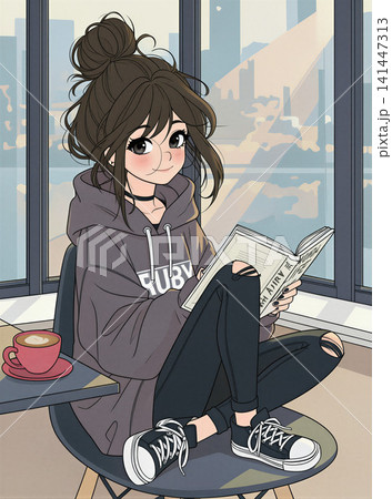 A young woman enjoys a quiet moment reading in a stylish, modern setting. A young woman enjoys a quiet moment reading in a stylish, modern setting. 141447313