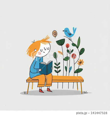 A whimsical illustration of a young boy engrossed in a book, surrounded by nature. 141447328
