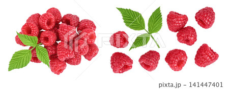 Ripe raspberries with leaf isolated on a white background. Top view. Flat lay Ripe raspberries with leaf isolated on a white background. Top view. Flat lay 141447401