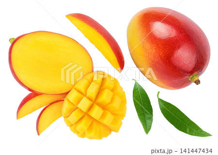 mango slices isolated on white background with full depth of field. Top view. Flat lay mango slices isolated on white background with full depth of field. Top view. Flat lay 141447434
