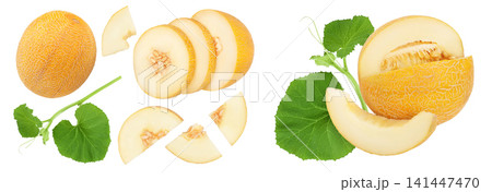 Melon half isolated on white background . Top view. Flat lay Melon half isolated on white background . Top view. Flat lay 141447470