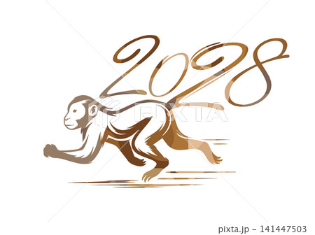 Happy New year of the brown monkey 2028 greeting card for the Year of the monkey according to the Chinese calendar. Hand drawn. Not AI, vector illustration Happy New year of the brown monkey 2028 greeting card for the Year of the monkey according to the Chinese calendar. Hand drawn. Not AI, vector illustration 141447503