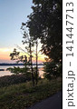 Golden sunset landscape featuring the Daugava River. Scenic Latvian city view combining wildlife, water, and architecture. 141447713