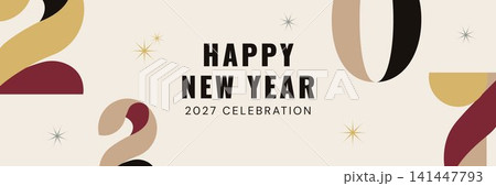 Elegant New Year 2027 banner with cropped decorative numerals, champagne palette, stars and clean typography. Festive template for greetings, invitations, web headers and holiday promotions. 141447793