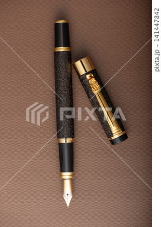 Fountain pen, beautiful fountain pen with detailed design on a brown synthetic leather surface, selective focus. 141447842