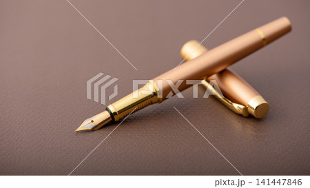 Fountain pen, beautiful fountain pen with detailed design on a brown synthetic leather surface, selective focus. 141447846