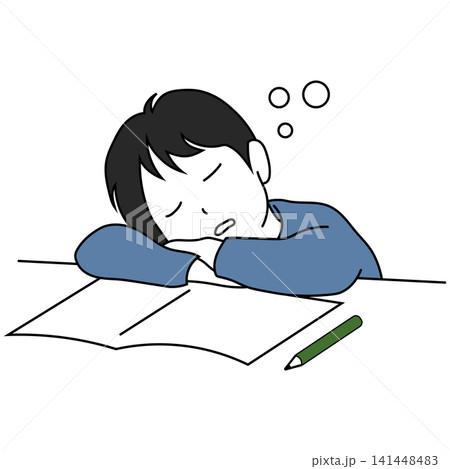 勉強中に机で居眠りしてしまう子どものイラスト 勉強中に机で居眠りしてしまう子どものイラスト 141448483