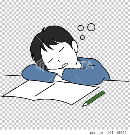 勉強中に机で居眠りしてしまう子どものイラスト 勉強中に机で居眠りしてしまう子どものイラスト 141448483