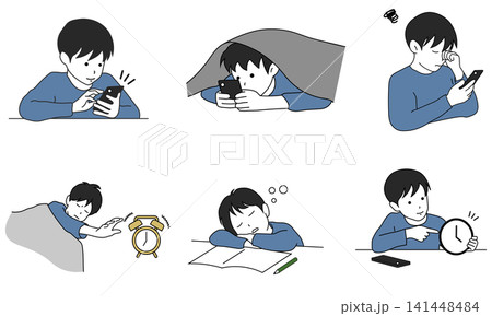 子どものスマホ使用と生活習慣の乱れを描いたイラストセット 子どものスマホ使用と生活習慣の乱れを描いたイラストセット 141448484