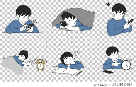 子どものスマホ使用と生活習慣の乱れを描いたイラストセット 子どものスマホ使用と生活習慣の乱れを描いたイラストセット 141448484