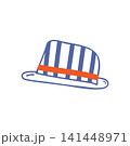 Striped Summer Sun Hat in Mediterranean Hand Drawn Style Icon Sticker logo minimalistic Flat Design. Isolated Vector illustration Beach branding, fashion cards or summer promotions design element, tag 141448971