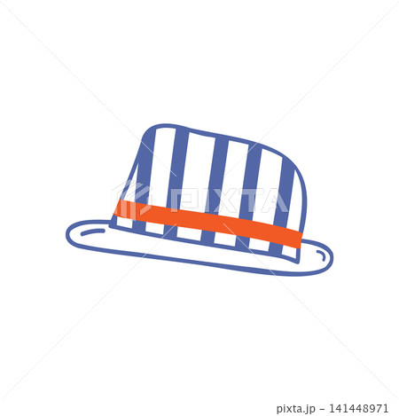 Striped Summer Sun Hat in Mediterranean Hand Drawn Style Icon Sticker logo minimalistic Flat Design. Isolated Vector illustration Beach branding, fashion cards or summer promotions design element, tag 141448971