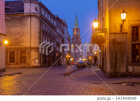 Historic street with Cathedral of St. Stanislaus and St. Wenceslaus in Swidnica, Poland at dusk 141449040