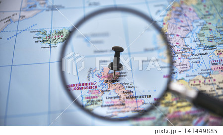 Pin marked on map of Glasgow in Scotland with a magnifying glass 141449885