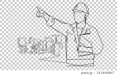 指差しをする建設業の男性作業員の線画イラスト素材 指差しをする建設業の男性作業員の線画イラスト素材 141449967
