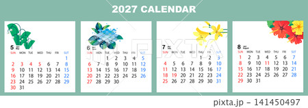 2027年カレンダーデザインセット（5月〜8月・初夏・夏の花・イラスト・ベクター） 141450497