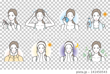 8-piece illustration set of women's body care and lifestyle habits - morning and evening skincare (nail care, ice pack, morning care, evening care, etc.) 141450543