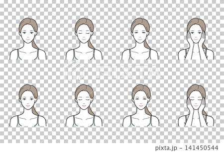 一組 8 幅插圖,描繪了女性的面部表情和變化,包括閉眼、微笑和手部按壓(用於保濕和放鬆)。 一組 8 幅插圖,描繪了女性的面部表情和變化,包括閉眼、微笑和手部按壓(用於保濕和放鬆)。 141450544