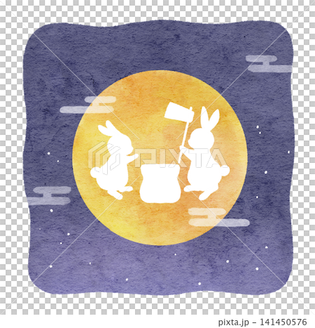 An illustration of a rabbit pounding mochi on the moon. 141450576