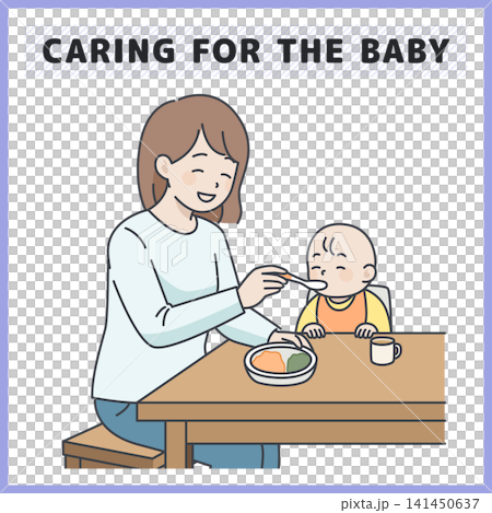 An illustration of a mother sitting at a table feeding her baby solid food. (Vector material for food education, meals, and childcare) An illustration of a mother sitting at a table feeding her baby solid food. (Vector material for food education, meals, and childcare) 141450637