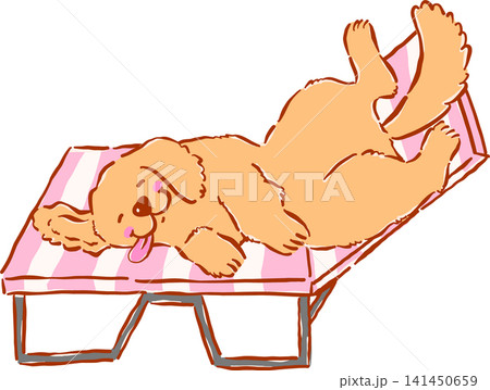 Summer Dog Golden Retriever Relaxing on Beach Chair Whimsical Hand Drawn Cartoon Character Summer Dog Golden Retriever Relaxing on Beach Chair Whimsical Hand Drawn Cartoon Character 141450659