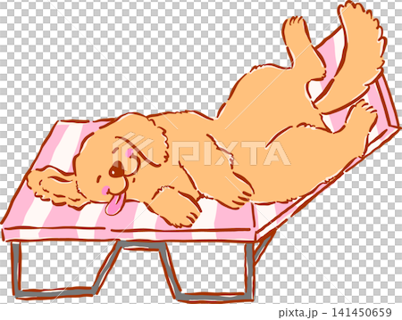 Summer Dog Golden Retriever Relaxing on Beach Chair Whimsical Hand Drawn Cartoon Character Summer Dog Golden Retriever Relaxing on Beach Chair Whimsical Hand Drawn Cartoon Character 141450659