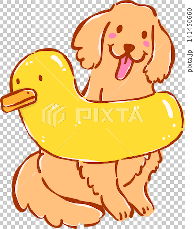 Summer Dog Golden Retriever with Duck Float Whimsical Hand Drawn Cartoon Character Summer Dog Golden Retriever with Duck Float Whimsical Hand Drawn Cartoon Character 141450660